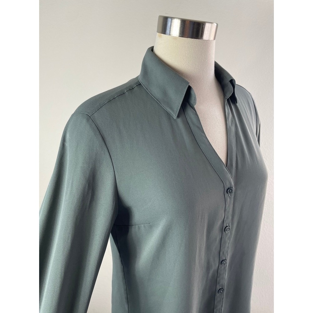 Express Portofino Shirt Women Medium Slim Fit Olive Long Sleeve Button Up Blouse - Picture 2 of 8